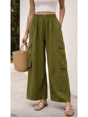 KALIYANA Linen Blend Wide Leg Pull On Pocket Pants Khaki Green Medium Lagenlook